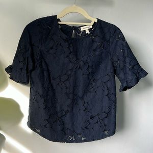 Cute Navy Blue Lace Top with Ruffle Details on Sleeves